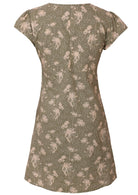 Back mannequin photo of cotton cap sleeve above knee dress in pale green based floral print