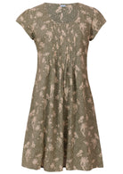 Front mannequin photo of cotton cap sleeve above knee dress with small pleats across the chest