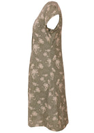 Side mannequin photo of cotton cap sleeve above knee dress in pale green based floral print