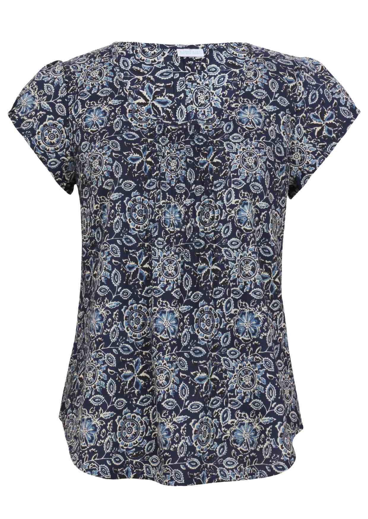 Navy blue based floral print cotton top with U-shaped neckline.