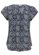 Navy blue based floral print cotton top with U-shaped neckline.