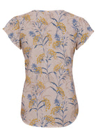 Back view of neutral based floral print cotton top on a white background.