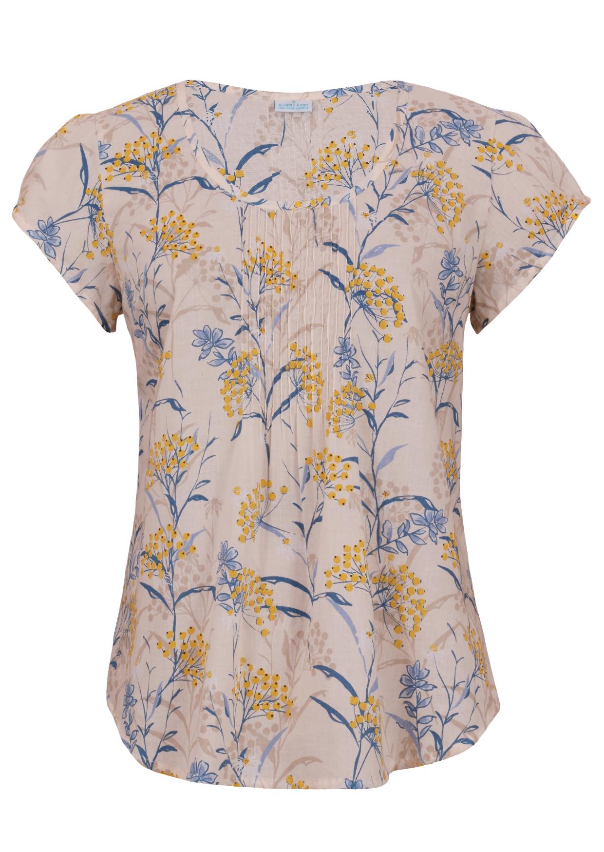 Neutral based floral print cotton top with U-shaped neckline.