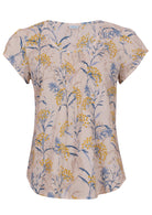 Neutral based floral print cotton top with U-shaped neckline.