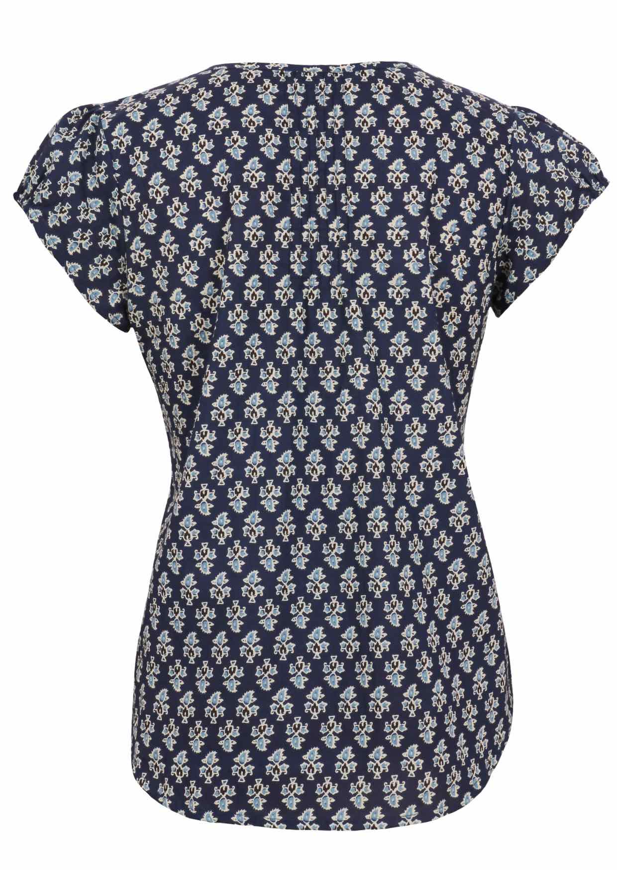 Back image of short sleeve cotton top with navy blue based floral print.