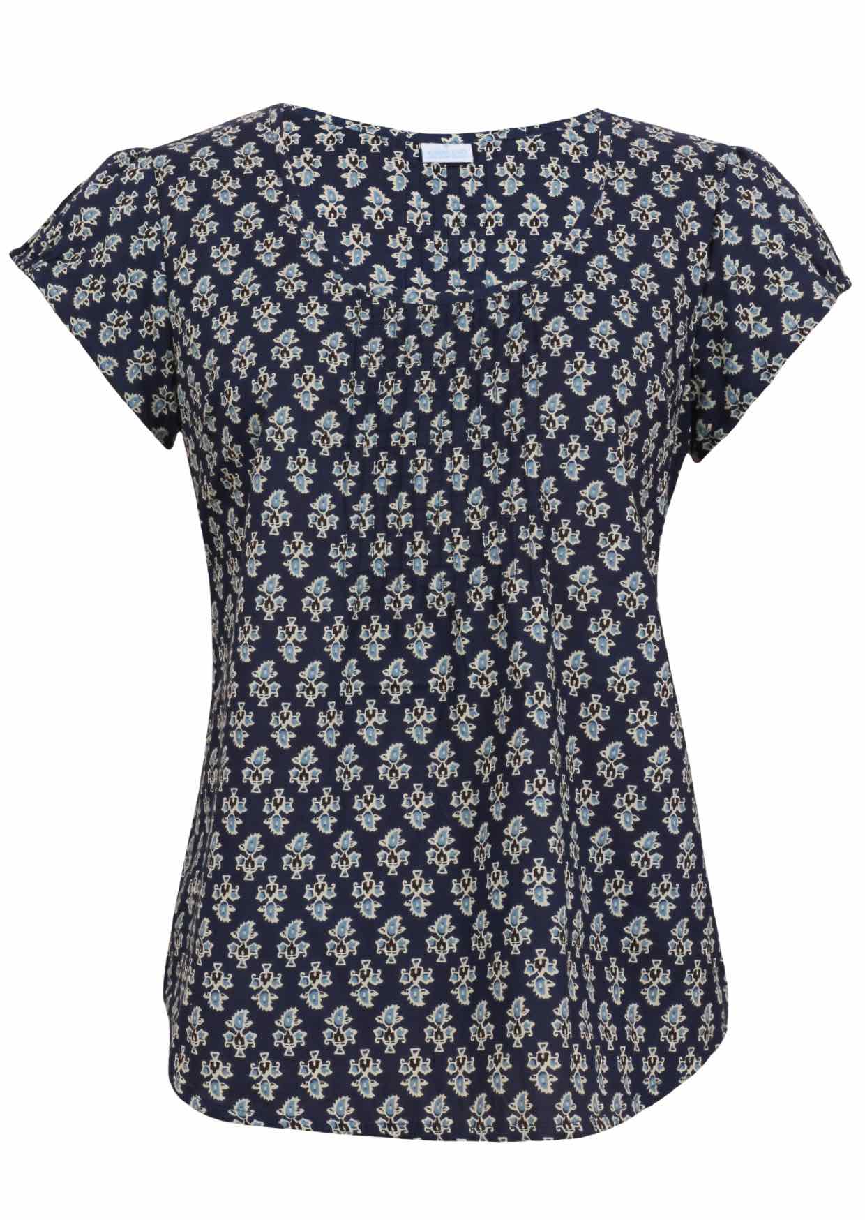 Navy blue based floral print cotton top with U-shaped neckline.