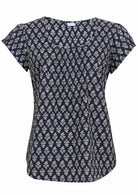 Navy blue based floral print cotton top with U-shaped neckline.