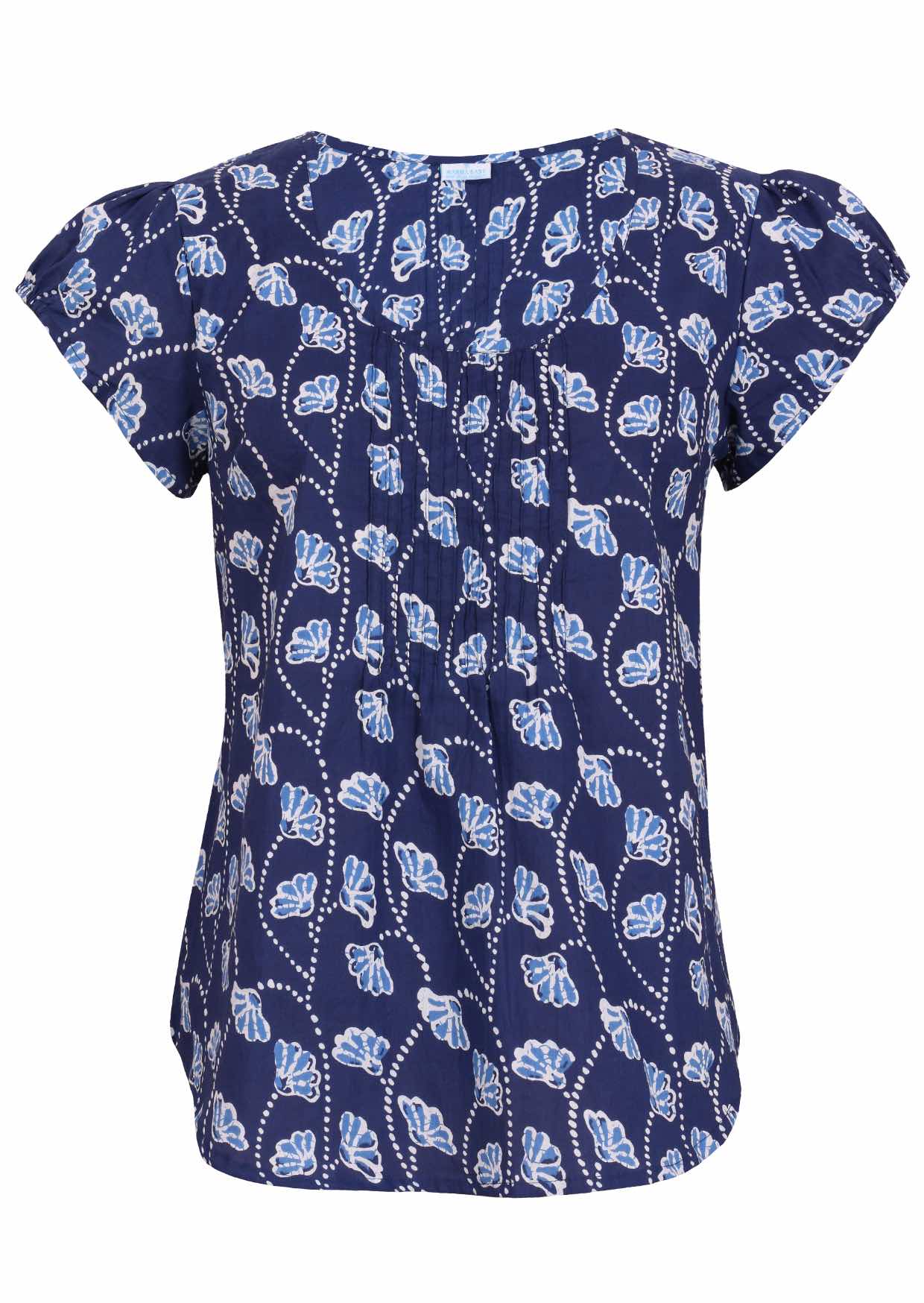 Navy blue based floral print cotton top with U-shaped neckline.