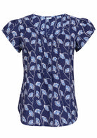 Navy blue based floral print cotton top with U-shaped neckline.
