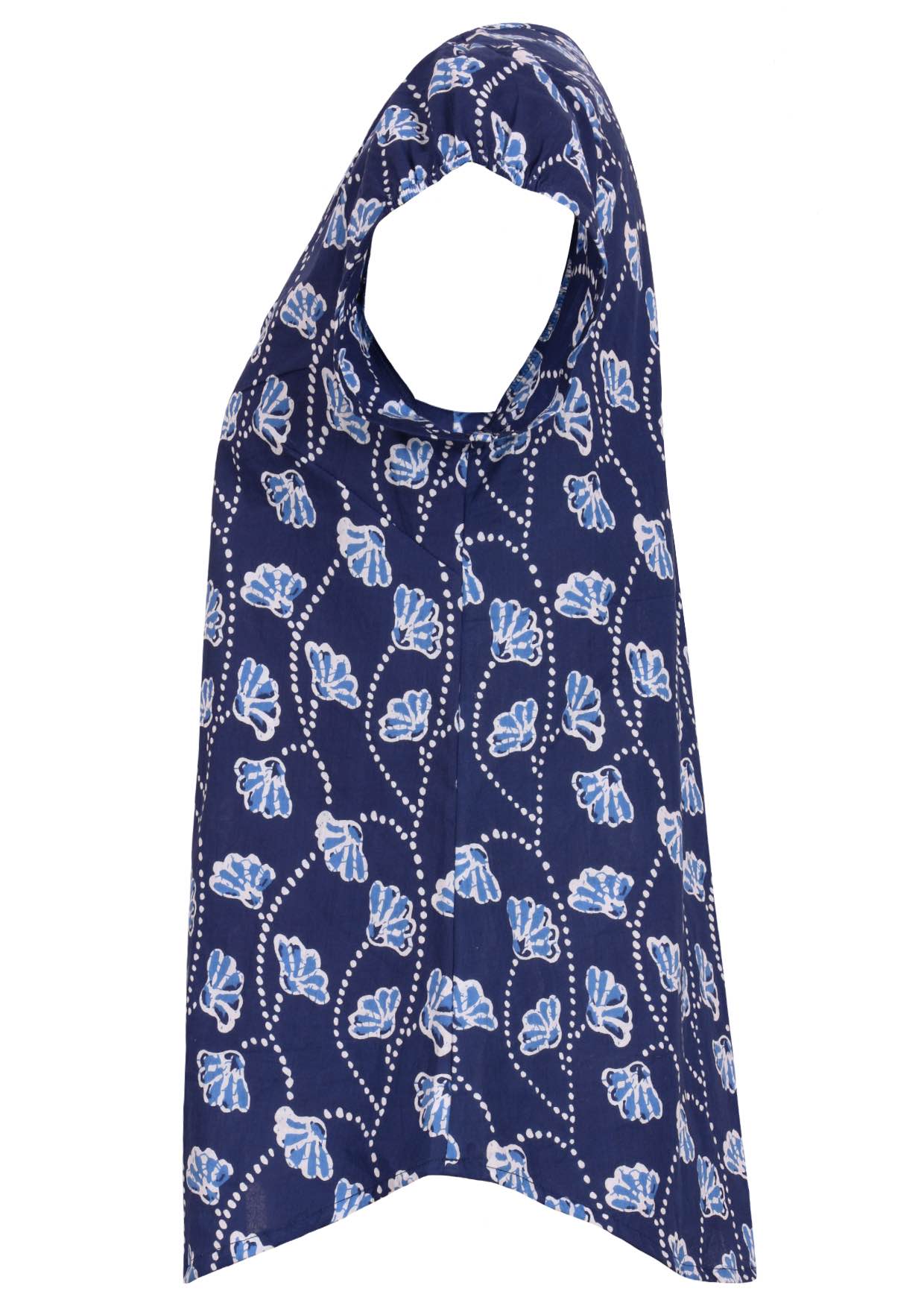 Side image of short sleeve cotton top with navy blue based floral print.