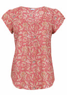 Rose pink based vintage style floral print cotton top with U-shaped neckline.