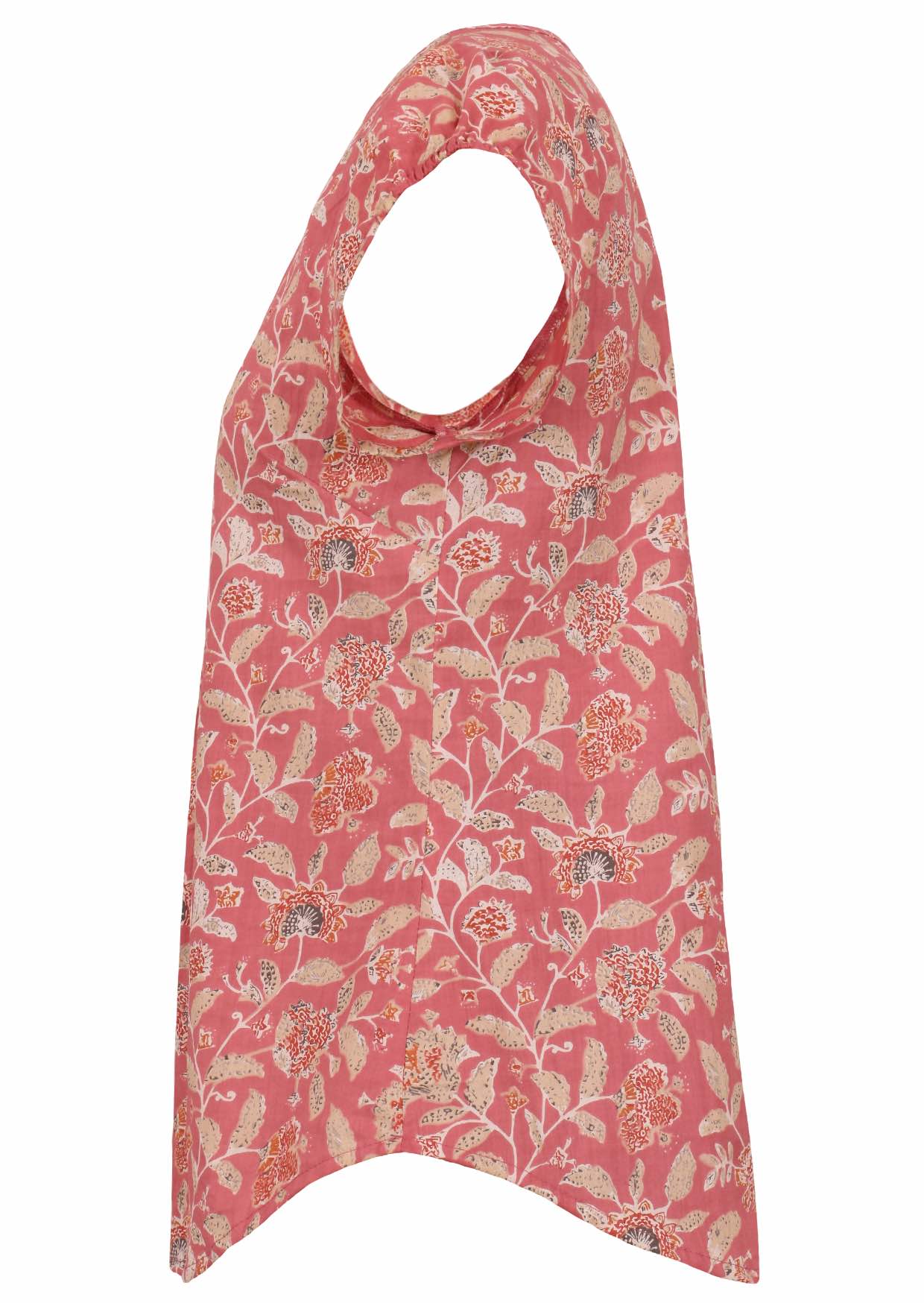 Side view of rose pink based vintage style floral print cotton top with cap sleeves.