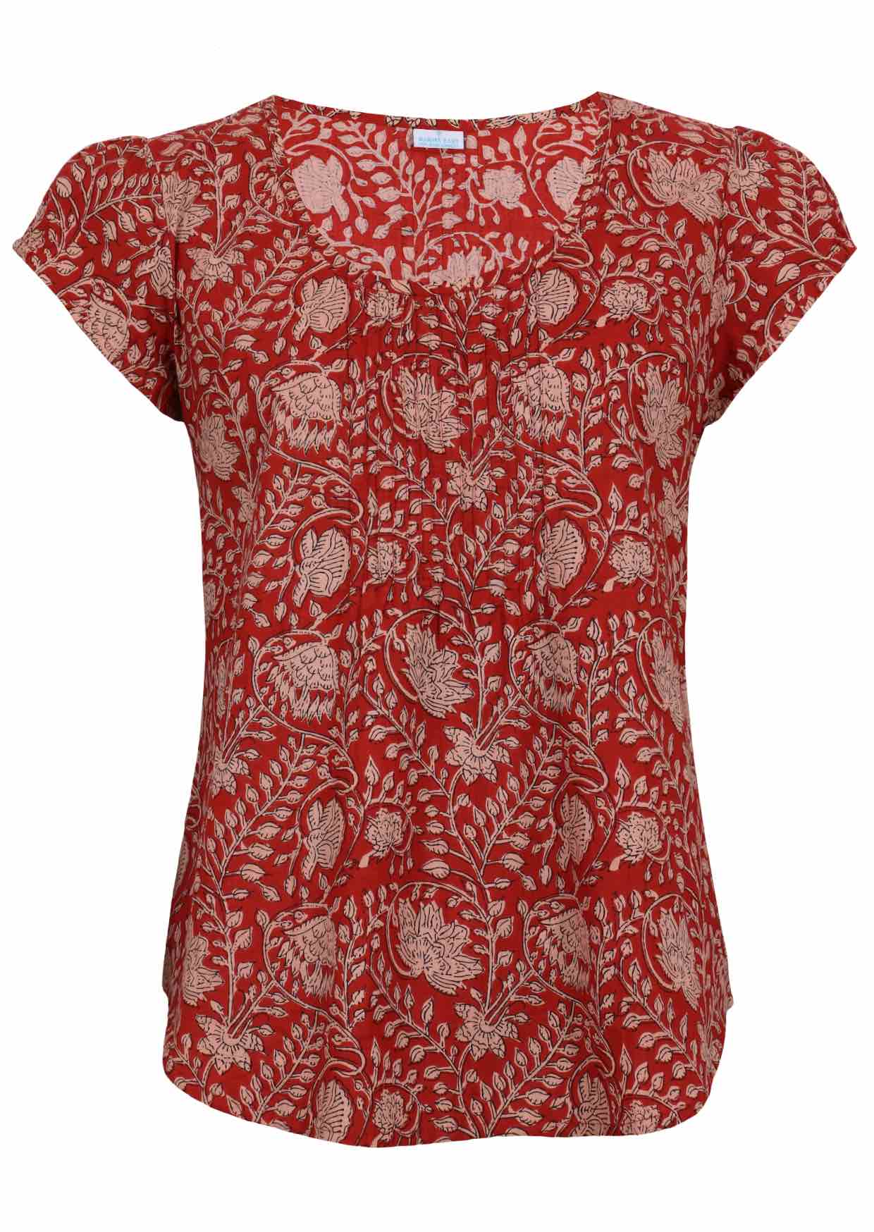 Red based floral print cotton top with U-shaped neckline.