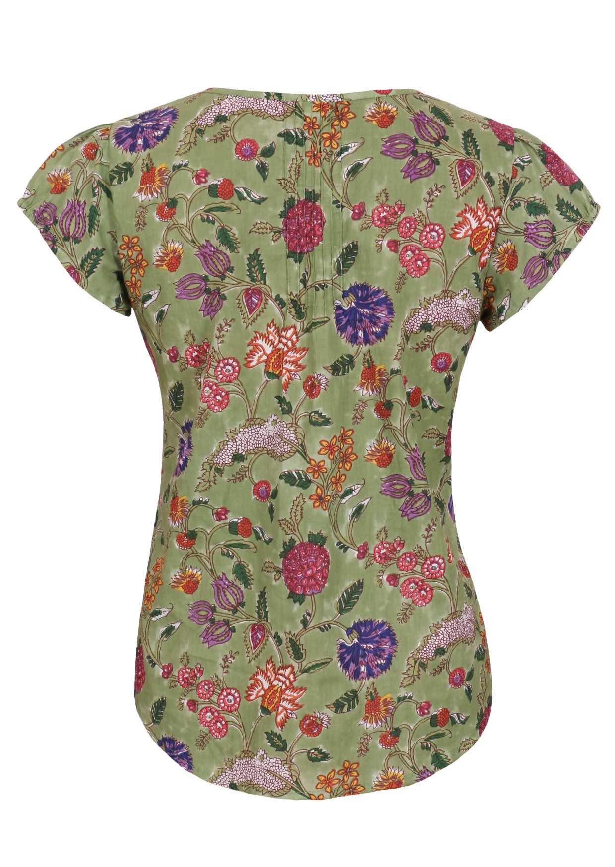 Green base with multi-coloured folk art style floral print cotton top with cap sleeves.