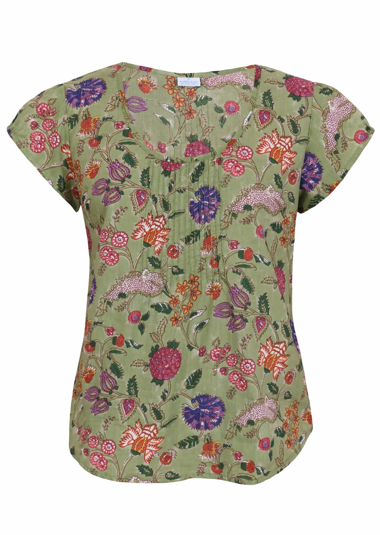 Green base with multi-coloured folk art style floral print cotton top with U-shaped neckline.