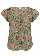 Green base with multi-coloured folk art style floral print cotton top with U-shaped neckline.