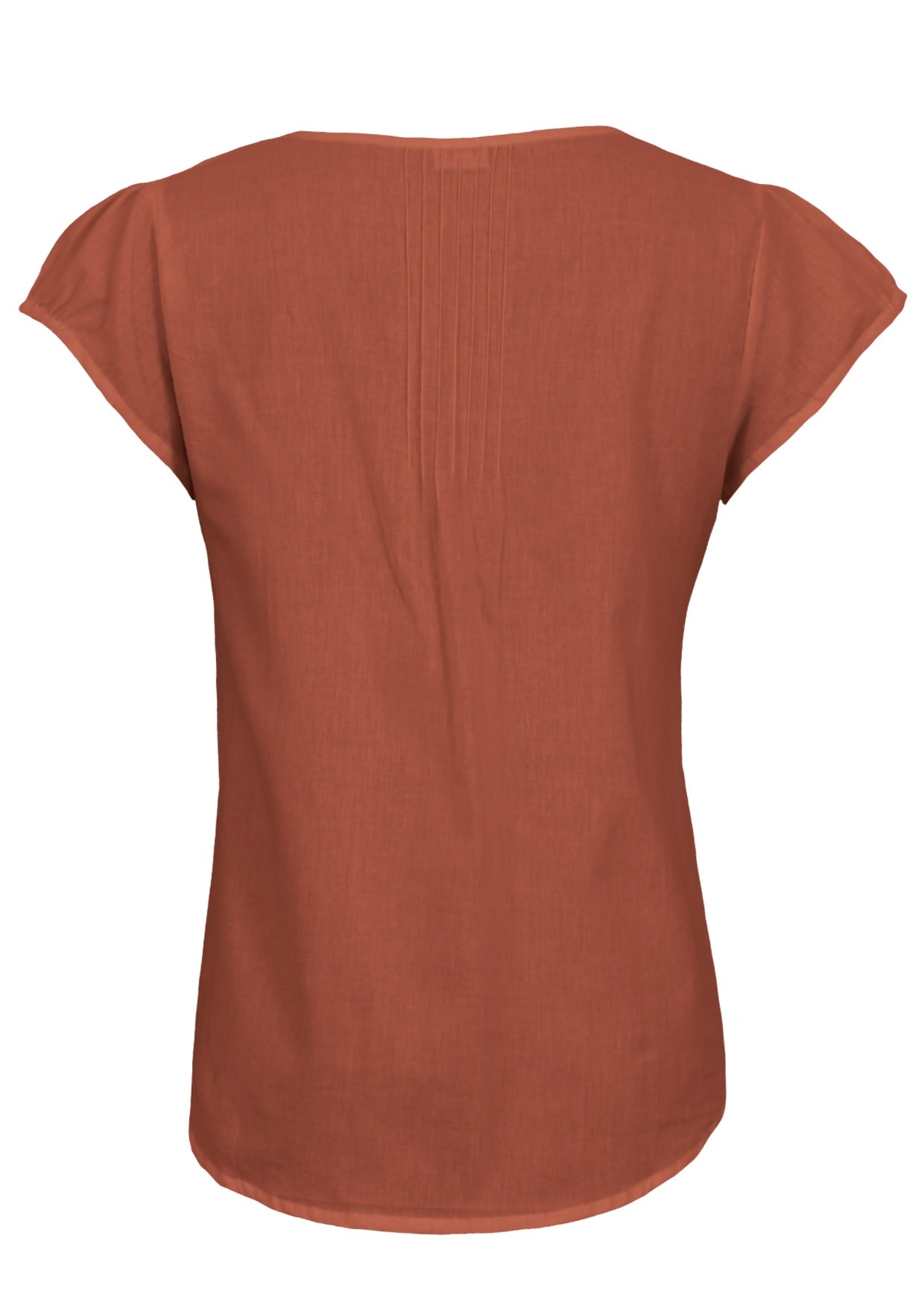 100% cotton short sleeved top in rust orange with tiny pleated details at centre of the back.