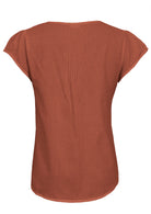 100% cotton short sleeved top in rust orange with tiny pleated details at centre of the back.