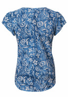 Back mannequin photo of cotton short sleeve top in blue floral print