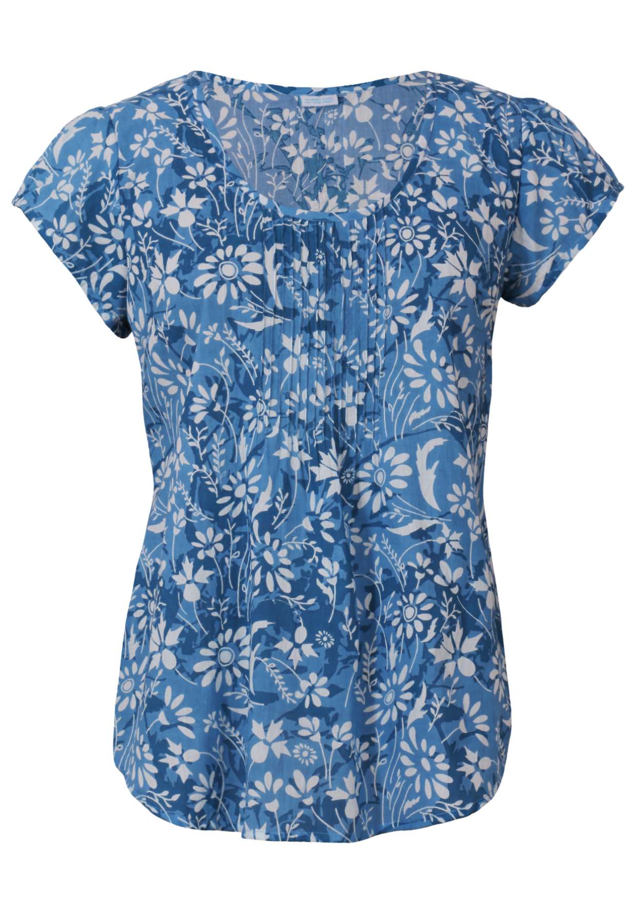 Front mannequin photo of cotton short sleeve top with scoop neckline and tiny pleated detail across the bust