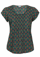 Bottle green based motif in red, pink, green, and mustard floral print cotton top with U-shaped neckline.
