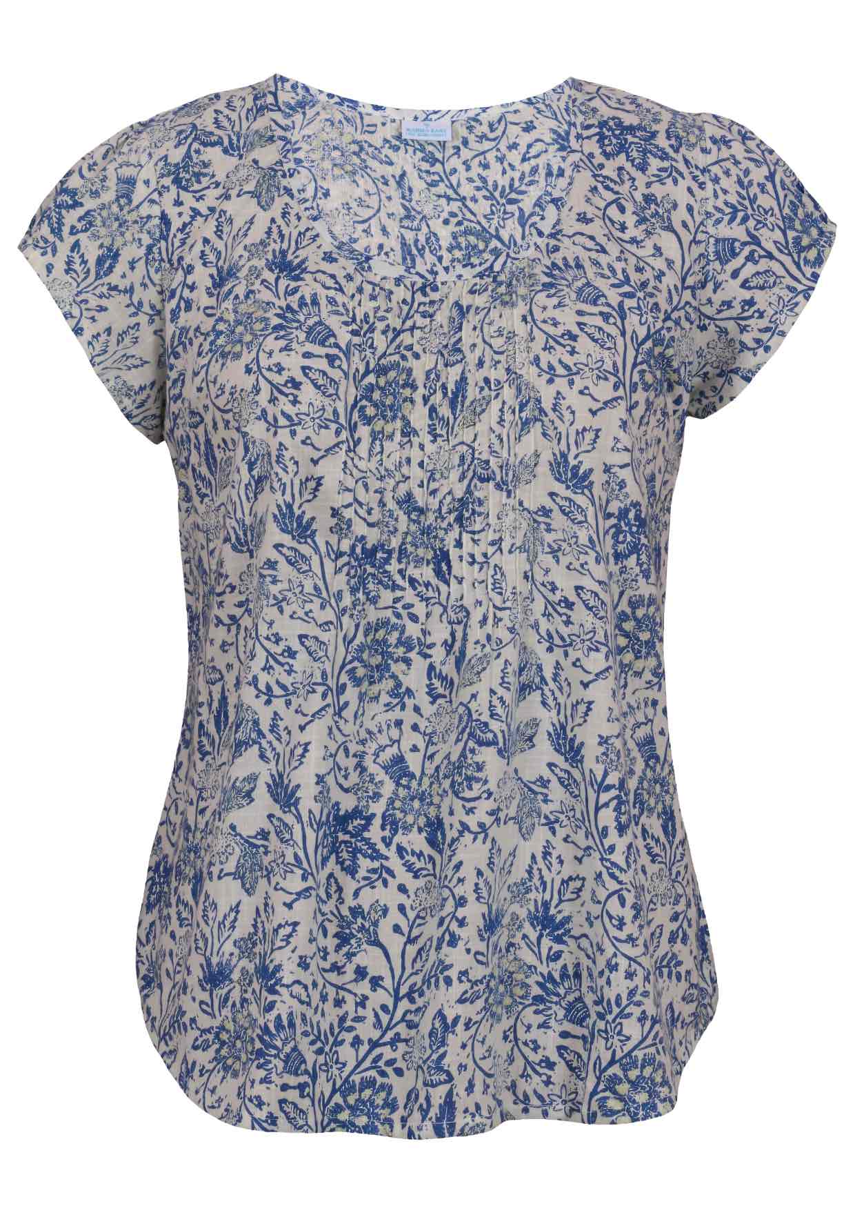White based blue floral print cotton top with U-shaped neckline.