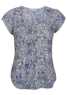 White based blue floral print cotton top with U-shaped neckline.
