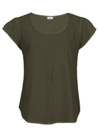 Olive green cap sleeve cotton top with pin-tucks in the centre of the bodice