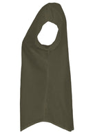 Side of olive green cap sleeve cotton top, front and back longer than sides