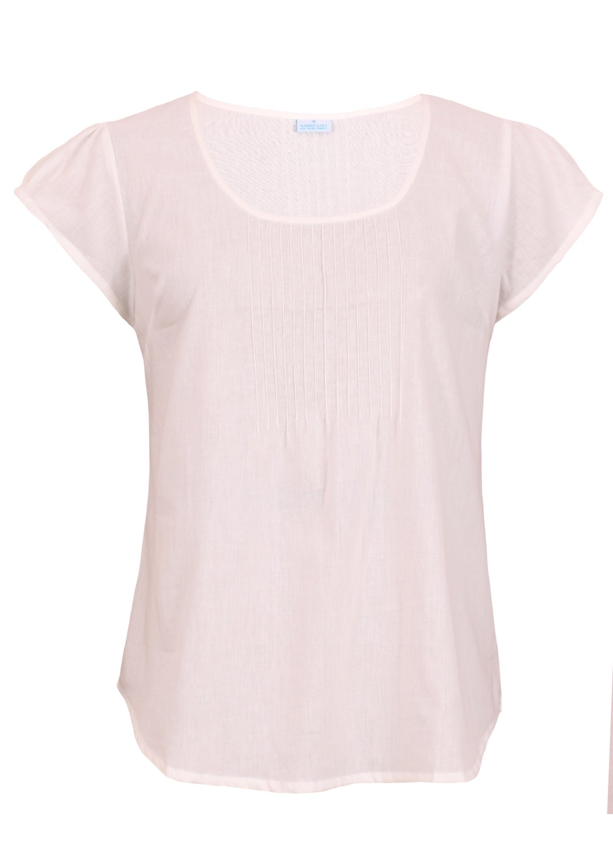 Natural White 100% cotton short sleeve top with scoop neckline and tiny pleated detail across the bust.
