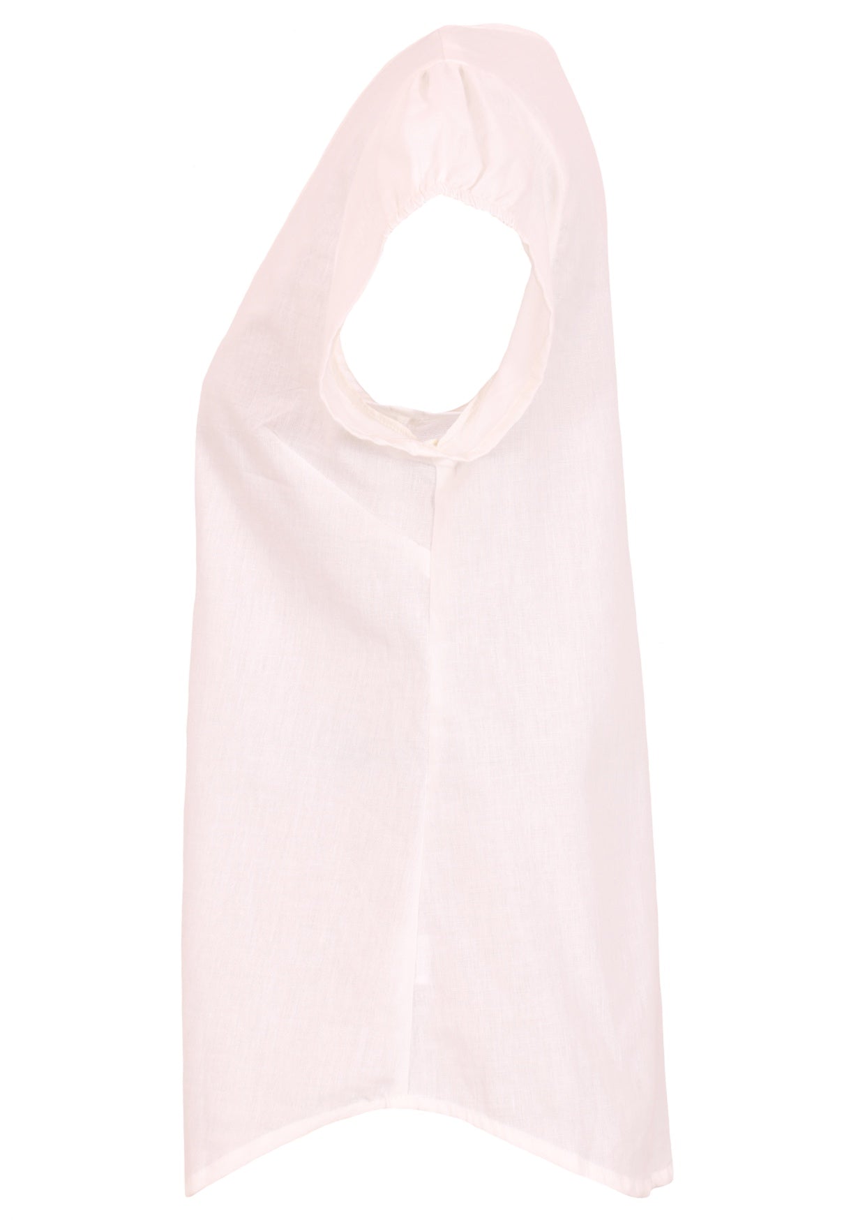 Side view of cotton cap sleeved top with a  longer hem at the front and back