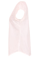 Side view of cotton cap sleeved top with a  longer hem at the front and back