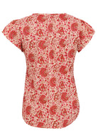 Back view of cream based warm floral print cotton top on a white background.
