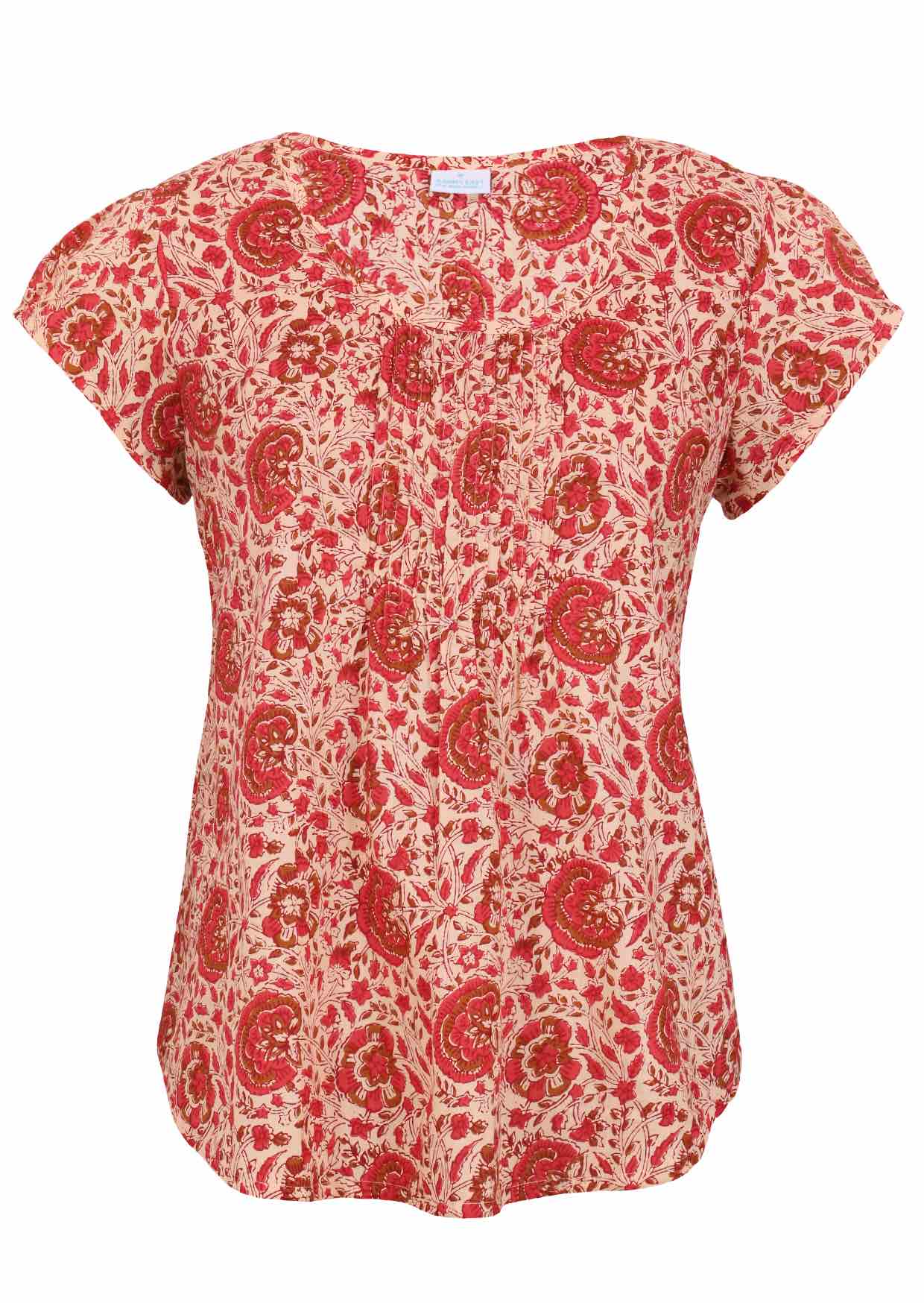 Cream based warm floral print cotton top with U-shaped neckline.