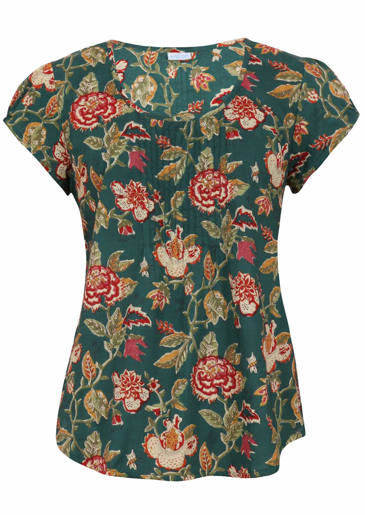 Green based floral print cotton top with U-shaped neckline.