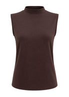 Sleeveless soft stretch rayon jersey mock turtleneck top in dark brown