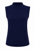 Navy blue mock turtleneck sleeveless soft stretch rayon top