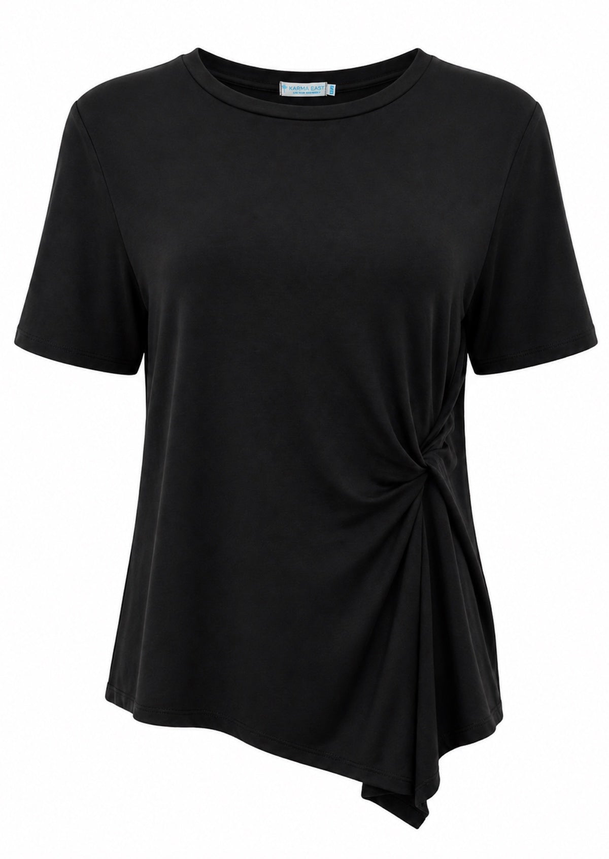 Black short sleeve, crew-neck top with twist detail on one side of the front, made from soft, stretch rayon