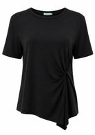 Black short sleeve, crew-neck top with twist detail on one side of the front, made from soft, stretch rayon
