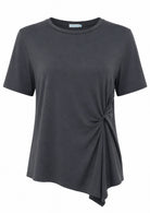 Dark grey short sleeve, crew-neck top with twist detail on one side of the front, made from soft, stretch rayon