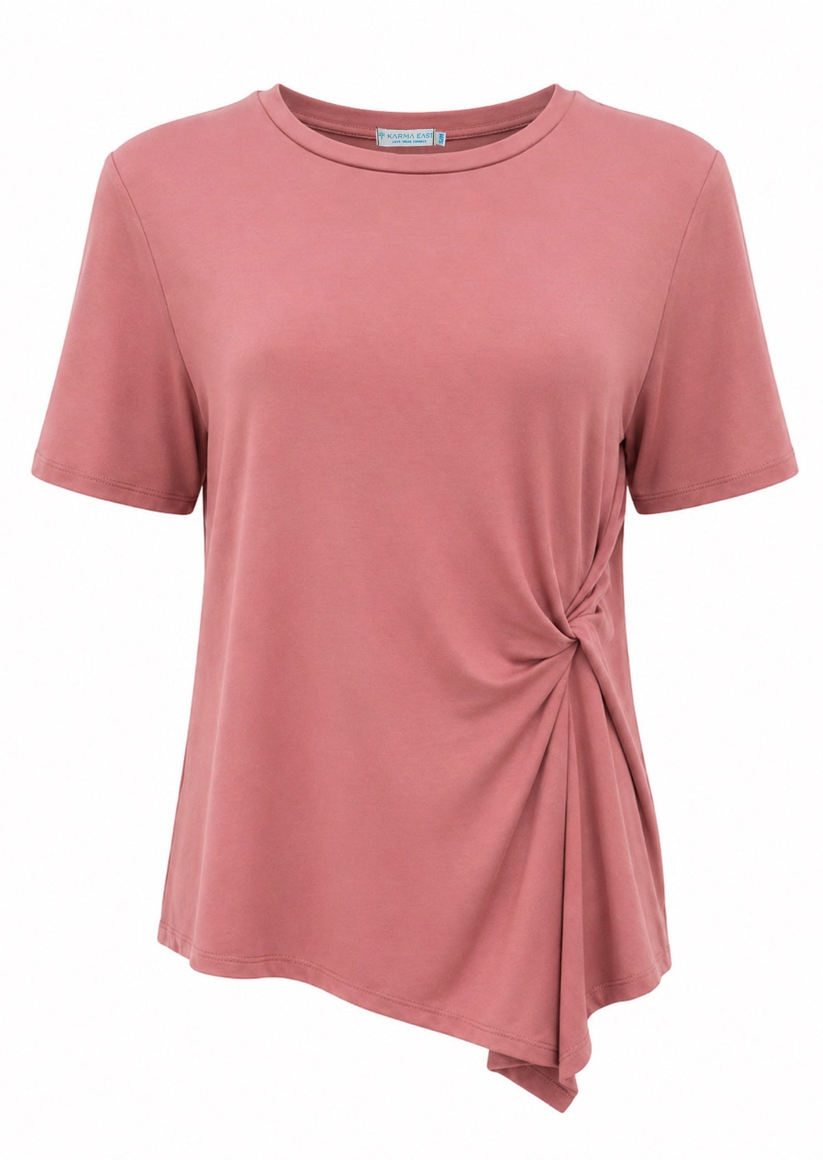 Dusty pink short sleeve, crew-neck top with twist detail on one side of the front, made from soft, stretch rayon