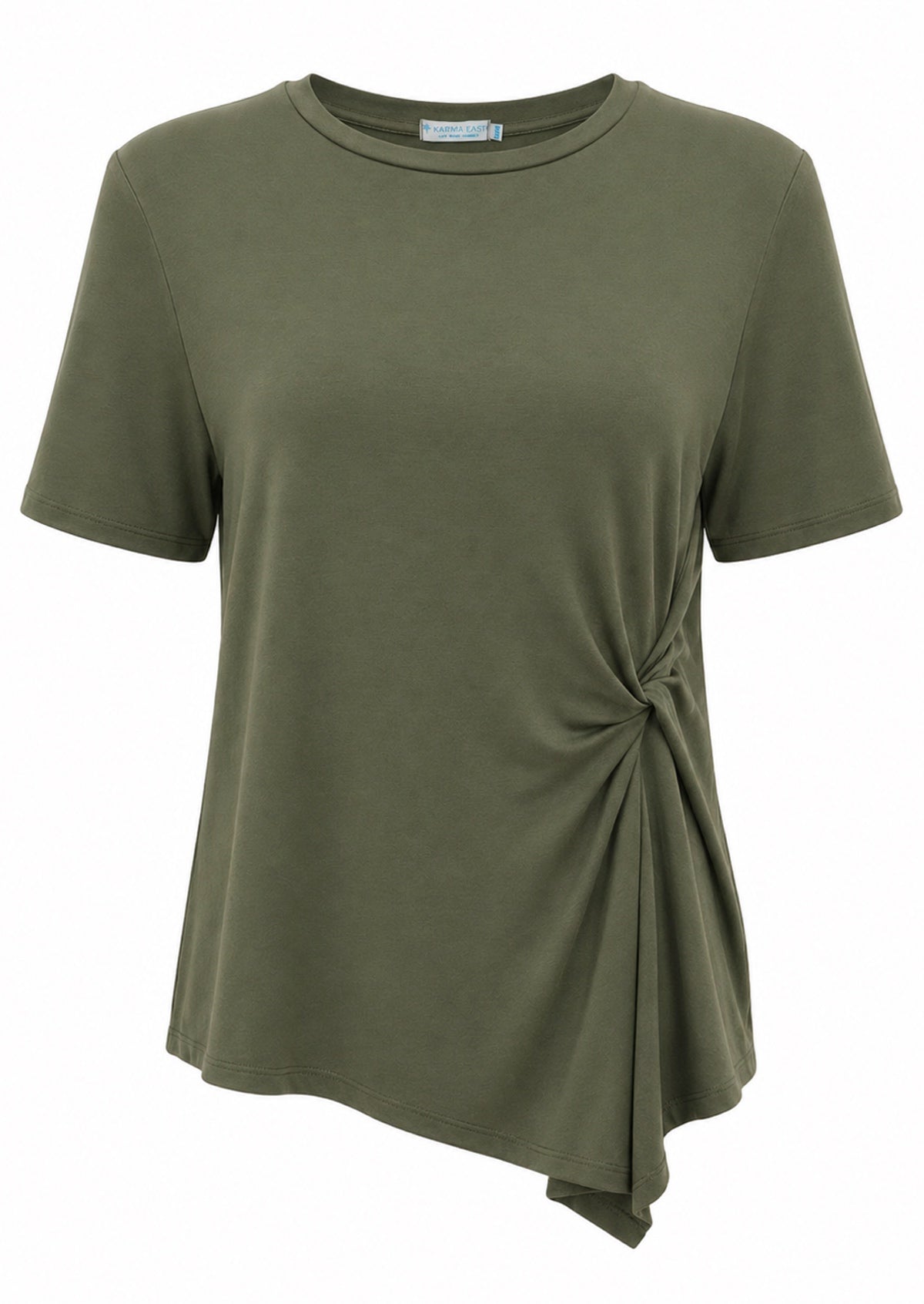Olive green short sleeve, crew-neck top with twist detail on one side of the front, made from soft, stretch rayon