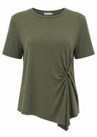 Olive green short sleeve, crew-neck top with twist detail on one side of the front, made from soft, stretch rayon