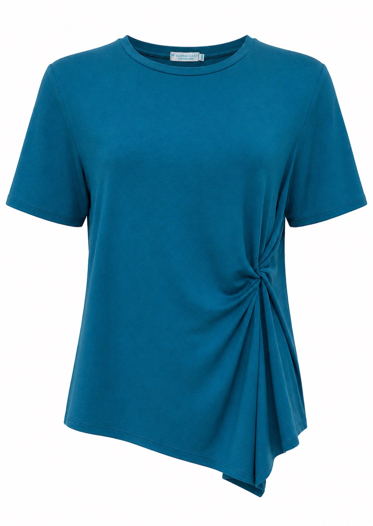 Teal short sleeve, crew-neck top with twist detail on one side of the front, made from soft, stretch rayon