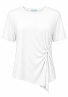 White short sleeve, crew-neck top with twist detail on one side of the front, made from soft, stretch rayon