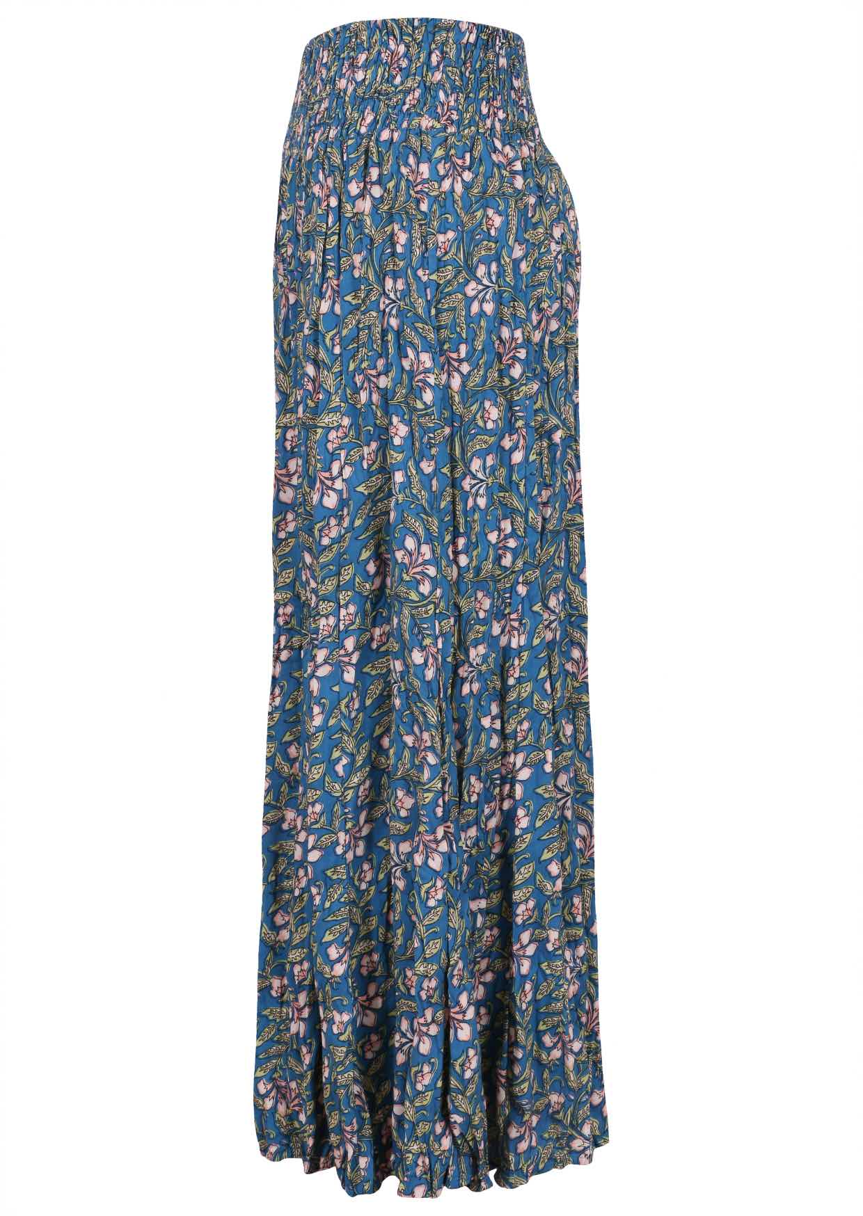 Cerulean blue based block style floral print rayon pant on a white background.