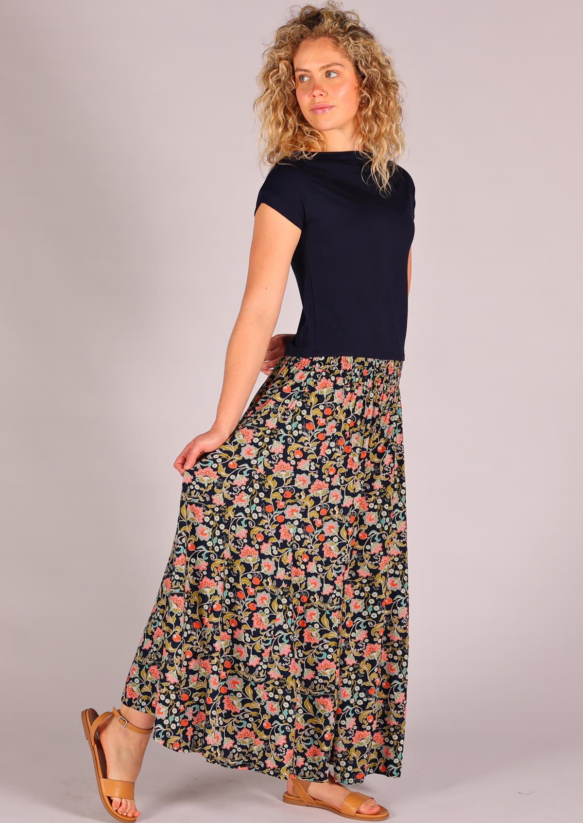 Model wearing rayon wide legged womens palazzo pant with elastic waist