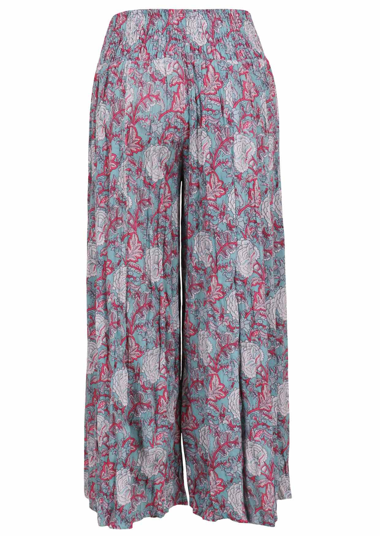 Blue based pink and white floral print rayon pant with elasticated smocked waistband.