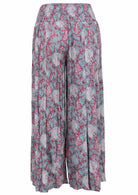 Blue based pink and white floral print rayon pant with elasticated smocked waistband.