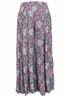 Wide legged rayon pant with blue based pink and white floral print.